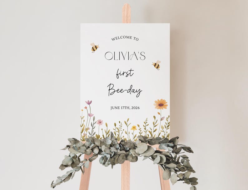 Bee First Birthday Welcome Sign First Bee-Day Welcome Sign Bee-Day Welcome Sign Bee Birthday Welcome Sign First Bee Day Decor image 3