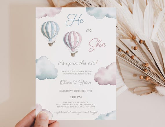 Hot Air Balloon Gender Reveal Invite Its Up in the Air Gender Reveal Party Invite He or She Gender Reveal Invitation He or She Evite Balloon