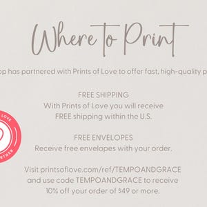The image is a promotional flyer for a shop that offers fast, high-quality printing services. It features text and a logo, providing information about the shop's partnership with Prints of Love and their free shipping and envelope offers.