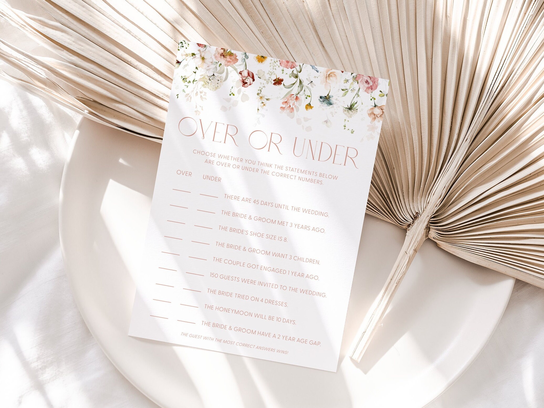 Chic Floral Over or Under Bridal Shower Game Card Template Over or ...