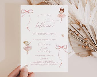 May include: A pale invitation card with pink text and illustrations of ballerinas and bows. The text reads "Our Little Ballerina is Turning Five!" and includes details for Olivia's fifth birthday. The card is held by a hand.