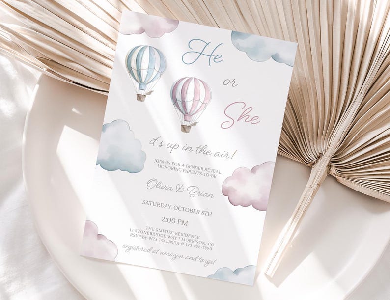 Hot Air Balloon Gender Reveal Invite Its Up in the Air Gender Reveal Party Invite He or She Gender Reveal Invitation He or She Evite Balloon image 2