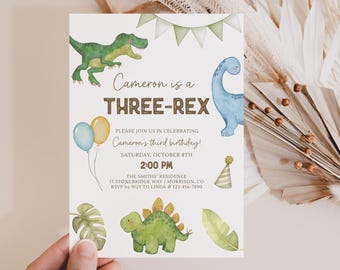May include: A white birthday invitation card featuring watercolor illustrations of a green T-Rex, a blue long-necked dinosaur, and a green stegosaurus. Text reads: Cameron is a THREE-REX, Please join us in celebrating Cameron's third birthday, Saturday, October 8th, 2:00 PM, The Smiths' Residence, 17 Stonebridge Way, Morrison, CO, RSVP by 9/23 to Linda @ 123-456-7890.