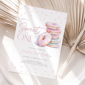 Sweet One Birthday Invitation 1st Birthday Invite Girl Pink Donut Sweet One Birthday Invite Sweet One Invite Donut Bday Invitation Donut S1 image 2
