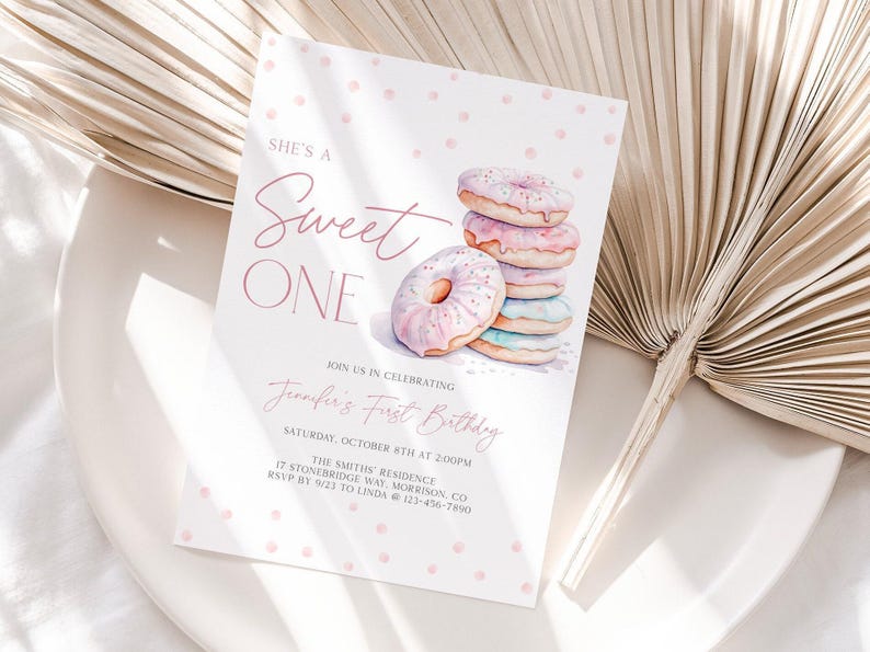 Sweet One Birthday Invitation 1st Birthday Invite Girl Pink Donut Sweet One Birthday Invite Sweet One Invite Donut Bday Invitation Donut S1 image 2