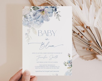 Dusty Blue Baby in Bloom Baby Shower Invitation Template for Baby Shower Invitation Baby in Bloom Invite Blue Baby Shower Invite Boy Baby B2