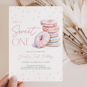 Sweet One Birthday Invitation 1st Birthday Invite Girl Pink Donut Sweet One Birthday Invite Sweet One Invite Donut Bday Invitation Donut S1 image 1