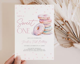 Sweet One Birthday Invitation 1st Birthday Invite Girl Pink Donut Sweet One Birthday Invite Sweet One Invite Donut Bday Invitation Donut S1