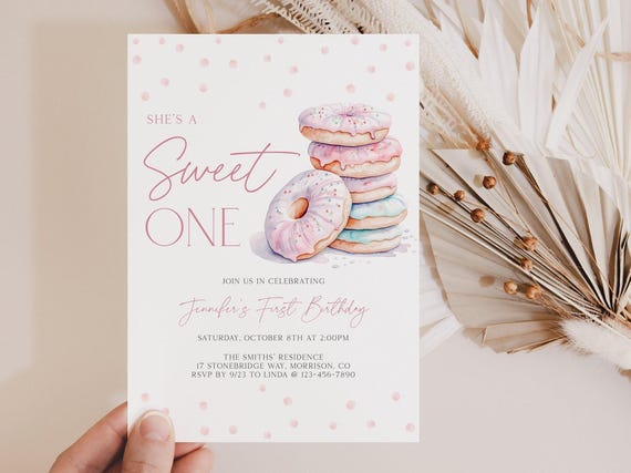 Sweet One Birthday Invitation 1st Birthday Invite Girl Pink Donut Sweet One Birthday Invite Sweet One Invite Donut Bday Invitation Donut S1