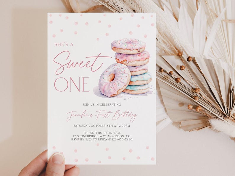 Sweet One Birthday Invitation 1st Birthday Invite Girl Pink Donut Sweet One Birthday Invite Sweet One Invite Donut Bday Invitation Donut S1 image 1