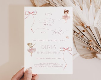 May include: A pale invitation card with the text "Let's dance and twirl" and "Olivia is turning five!" in a delicate script. The card features illustrations of ballerinas in pink tutus and bows. The event details are also included.