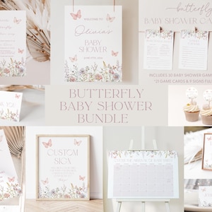 May include: A baby shower bundle with a butterfly theme. The set includes invitations, signs, game cards, and cupcake toppers. The designs feature butterflies and floral elements in soft pink and beige tones. The text includes "Welcome to Olivia's Baby Shower" and "Butterfly Baby Shower Game Bundle."