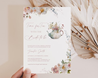 Time for Tea with the Bride To Be Invitation Template Editable Bridal Shower Tea Party Invitation for Bridal Afternoon Tea Floral Tea Cup T1