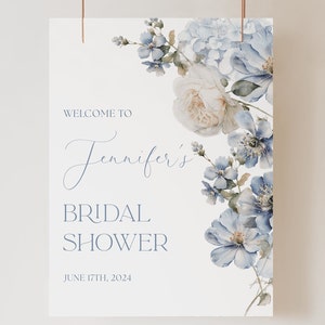 Dusty Blue Floral Bridal Shower Welcome Sign Editable Template Light Blue Bridal Shower Welcome Sign Bridal Shower Blue and White Floral D3