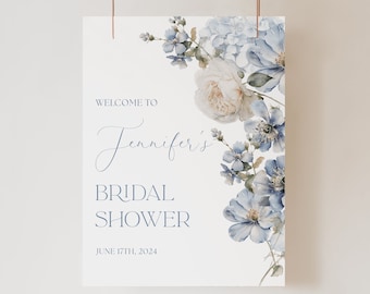 Dusty Blue Floral Bridal Shower Welcome Sign Editable Template Light Blue Bridal Shower Welcome Sign Bridal Shower Blue and White Floral D3