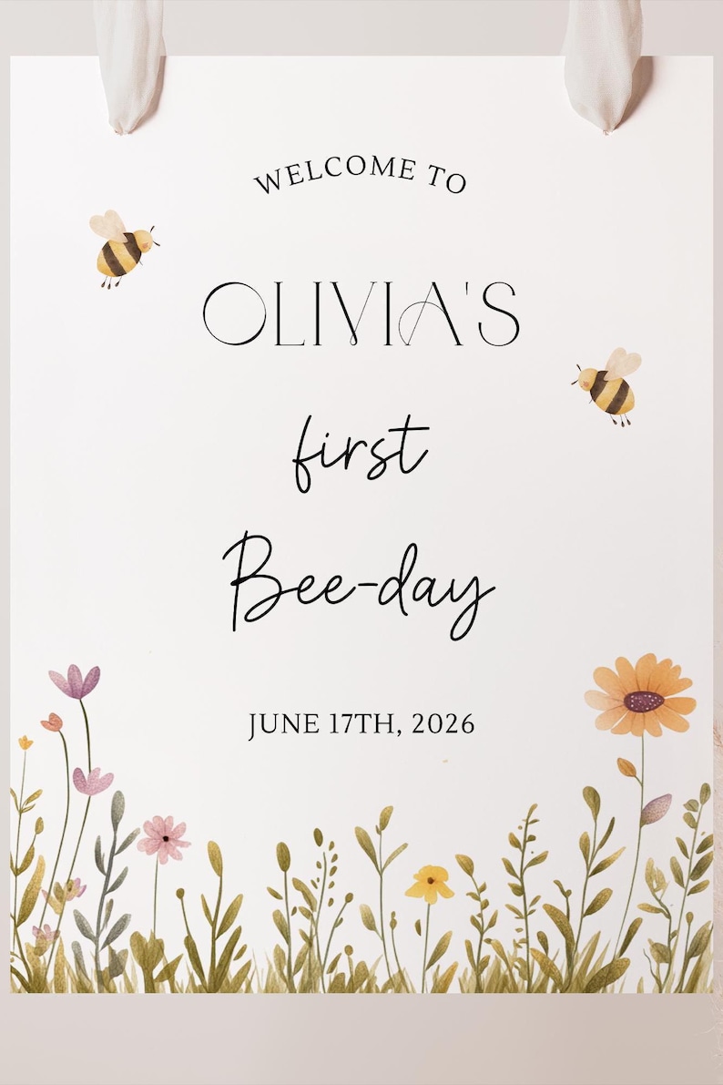 Bee First Birthday Welcome Sign First Bee-Day Welcome Sign Bee-Day Welcome Sign Bee Birthday Welcome Sign First Bee Day Decor image 2