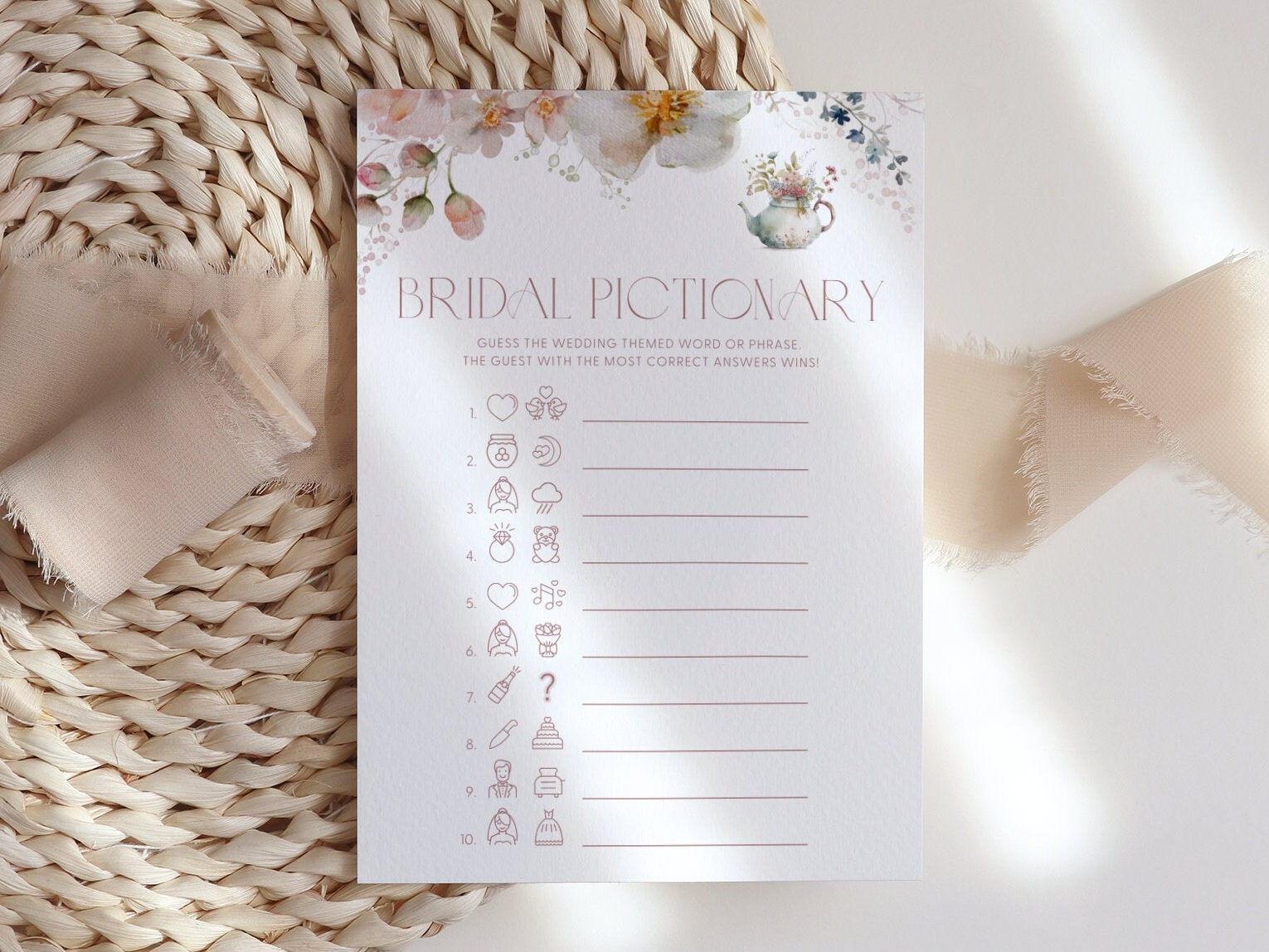 Tea Pictionary Floral Tea Party Bridal Pictionary Game Bridal Shower Tea Pictionary ...