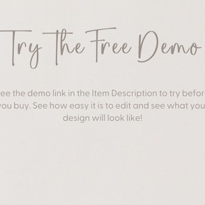 text that reads "Try the Free Demo" and provides instructions for viewing the demo link in the item description to see how easy it is to edit and what the design will look like.