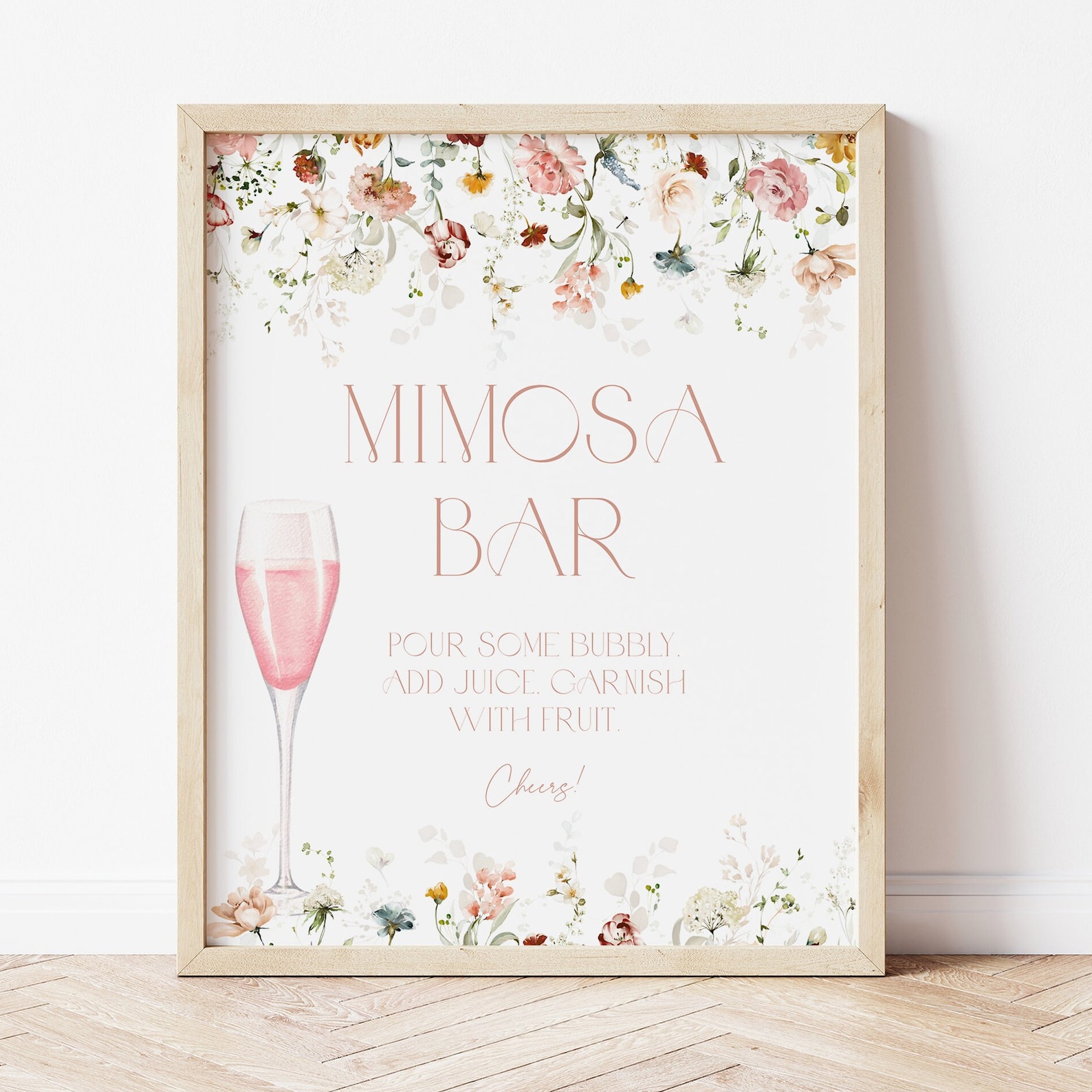 Floral Petals and Prosecco Mimosa Bar Sign Template Pink Prosecco
