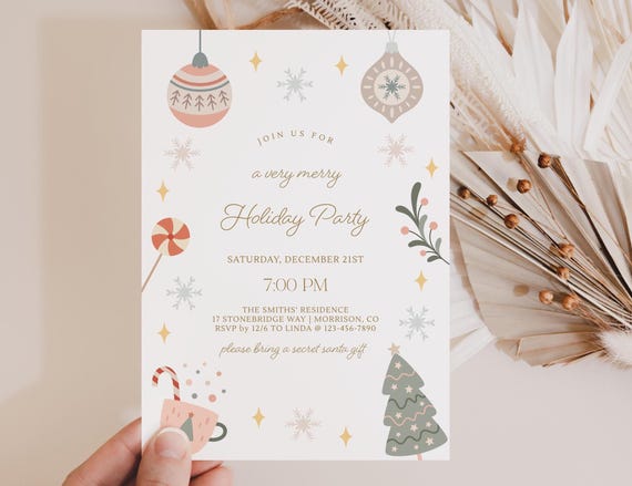 Cute Holiday Party Invitation Cute Holiday Party Invite Pastel Christmas Invitation Cute Christmas Party Invite Pastel Xmas Party Invite X4