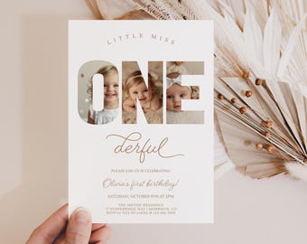 May include: A cream-colored invitation card with the words "LITTLE MISS ONE" and "derful" in a stylish font. The word "ONE" features three photos of a baby. The invitation is for Olivia's first birthday, with the date, time, and location details.