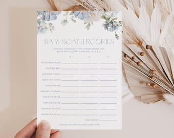 Dusty Blue Floral Baby Scattergories Game Template Baby Shower Scattergories Baby Shower Game Baby Scattergories Blue Baby Shower Games B2