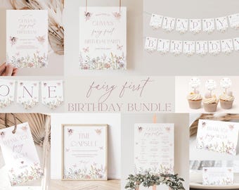 May include: A collection of party decorations with a fairy theme. Includes banners, signs, cupcake toppers, and thank you cards. The color scheme is soft with floral and butterfly accents. The text "fairy first BIRTHDAY BUNDLE" is visible.