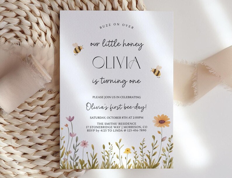 Bee First Birthday Invitation Our Little Honey First Birthday Invitation Bee Birthday Invite Cute Bee Birthday Invitation 1st Bee-Day Invite afbeelding 3