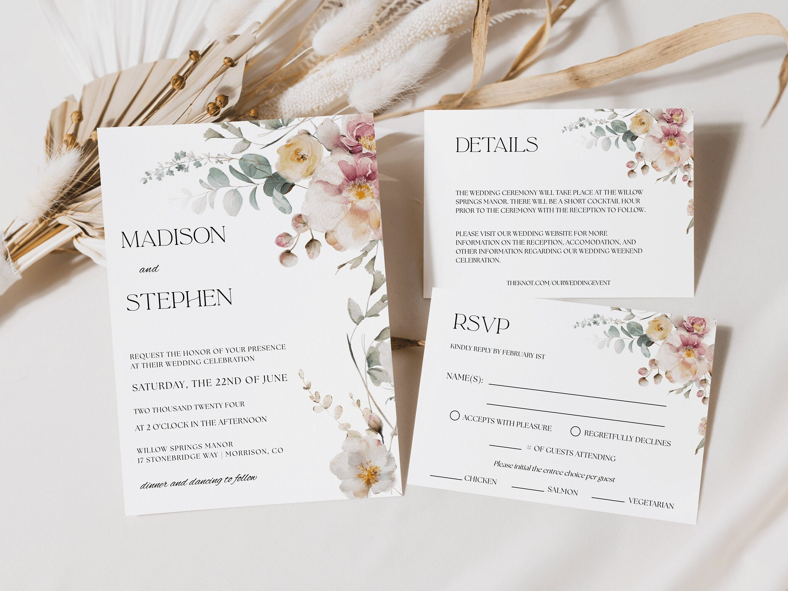 Watercolor Pastel Floral Wedding Invitation Suite Template