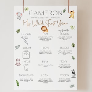 Mi salvaje signo de hito del primer año / Tema Safari Primer tablero de hitos de cumpleaños / Lindos animales de Safari Signo de estadísticas de bebé / Plantilla editable