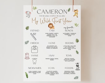 My Wild First Year Milestone Sign | Safari Theme First Birthday Milestone Board | Cute Safari Animals Baby Stats Sign | Editable Template