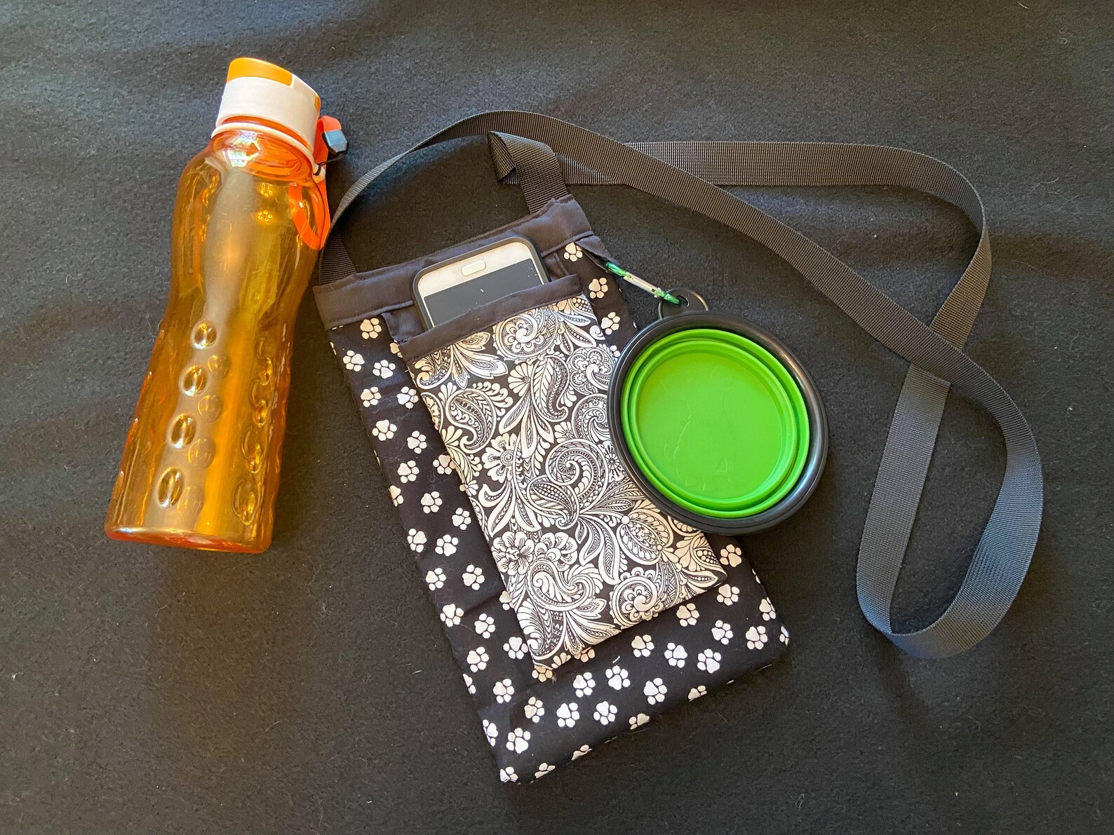 Crossbody Water Bottle Holder/cell Phone Bag With Collapsible Dog Bowl