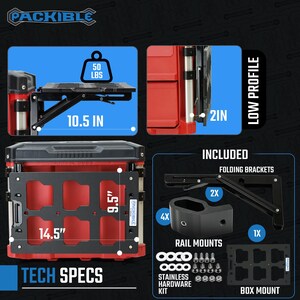 May include: A red and black Packible cargo box with a black metal folding platform on top. The platform is 14.5 inches wide and 9.5 inches deep. The box has a 2-inch low profile and includes folding brackets, rail mounts, and a box mount. The box is designed to hold up to 50 pounds.