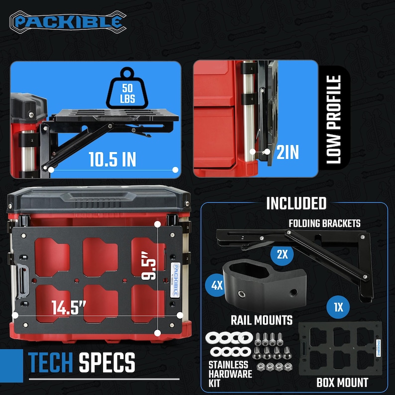 May include: A red and black Packible cargo box with a black metal folding platform on top. The platform is 14.5 inches wide and 9.5 inches deep. The box has a 2-inch low profile and includes folding brackets, rail mounts, and a box mount. The box is designed to hold up to 50 pounds.