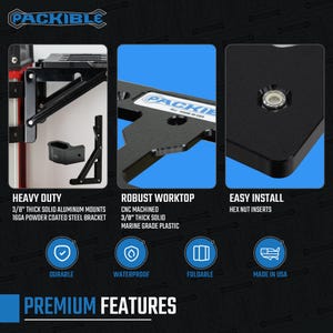 May include: A black, foldable, heavy-duty worktop with a 3/8-inch thick solid marine grade plastic top. The worktop has a durable, waterproof, and easy-to-install design. It is made in the USA.  "PACKIBLE" is printed on the worktop.