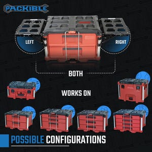May include: A red toolbox with a black lid and a removable tray. The tray can be attached to the left, right, or both sides of the toolbox. The text "PACKIBLE" is visible in the top left corner of the image. The text "WORKS ON" and "POSSIBLE CONFIGURATIONS" are visible at the bottom of the image.