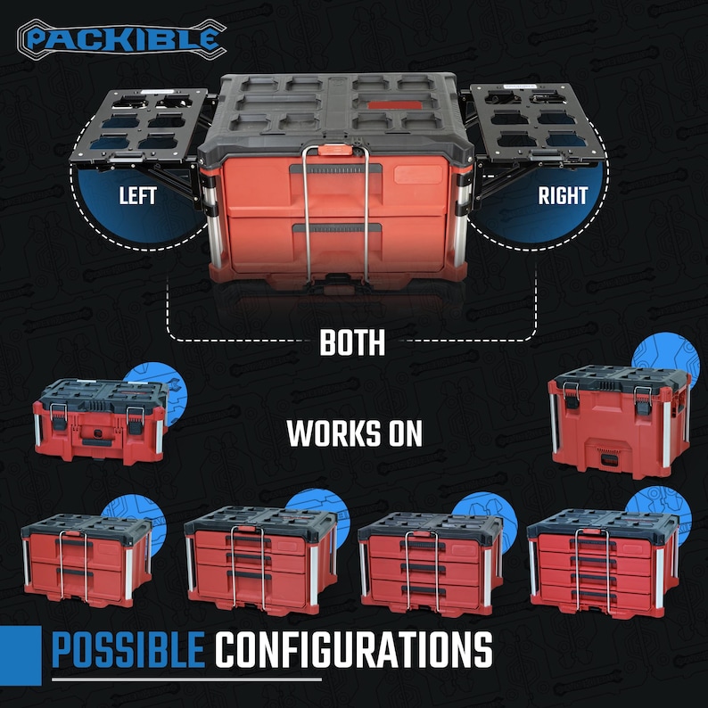 May include: A red toolbox with a black lid and a removable tray. The tray can be attached to the left, right, or both sides of the toolbox. The text "PACKIBLE" is visible in the top left corner of the image. The text "WORKS ON" and "POSSIBLE CONFIGURATIONS" are visible at the bottom of the image.