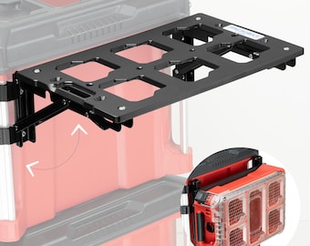 May include: Black metal shelf with a grid pattern, attached to a red toolbox. The shelf is adjustable and can be tilted up or down.