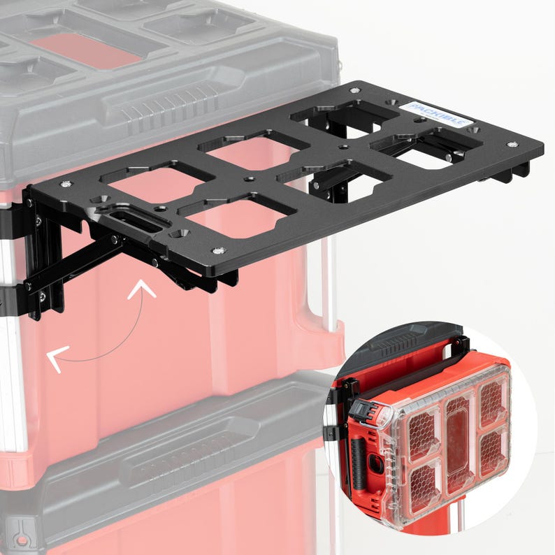 May include: Black metal shelf with a grid pattern, attached to a red toolbox. The shelf is adjustable and can be tilted up or down.