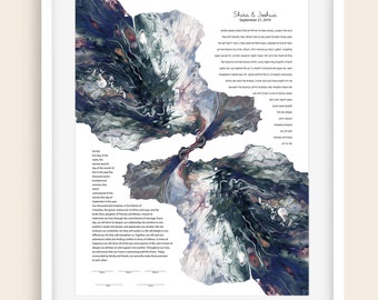 Puede incluir: Un programa de ceremonia de boda con un diseño de arte abstracto en negro, blanco y azul. El texto dice "Shira & Joshua" y "21 de septiembre de 2019".