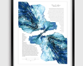 May include: A blue and white abstract art print with a Jewish wedding ketubah text. The text includes the names Shira & Joshua and the date September 21, 2019.