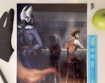 Escena de cómic de taberna con opción de marco, Nox el arte del cartel brillante del zorro, restaurante Cafetaria Bar graphic Wall Art 11x17, envío gratis