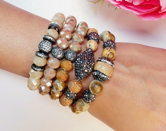 NATURE & GOLD Bead Bracelet Set | Stacking Bracelets | Five piece set |