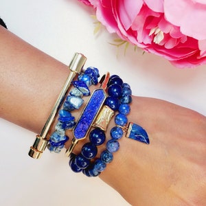 Lapis Lazuli Beaded Bracelet Set | Natural Stone Jewelry | Gold Accents | Stackable Bracelets | Gift for Her