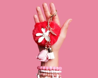 Flower Heart Keychain | Handbag Charm | PomPom Keychain |