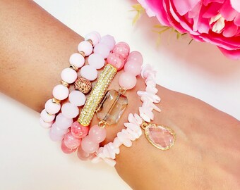 PASTEL PINK Bead Bracelet Set | Stacking Bracelets | Five piece set |