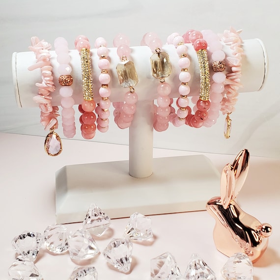 Set of 2 Dainty Beaded Bracelets - Soft Pink & Iridescent White Styles Beaded Bracelet Set / Set of Four / Metal Glass Beads  main image 2