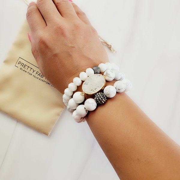 WEDDING WHITE Druzy 3 Piece Bracelet Set | Handmade Bracelets