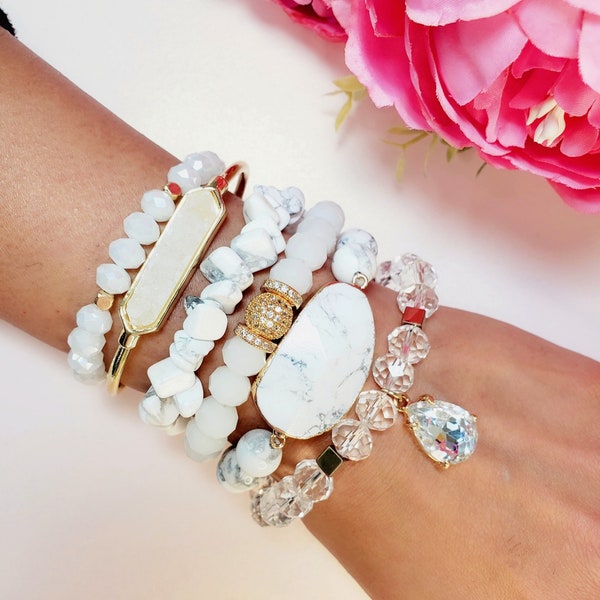 WHITE PARTY Bead Bracelet Set | Stacking Bracelets | Six piece set |