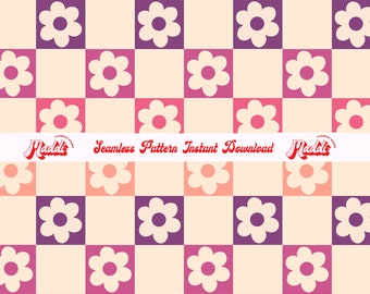 Trendy Seamless Pattern Checkered Groovy Retro Flowers Repeating Pattern PNG JPG